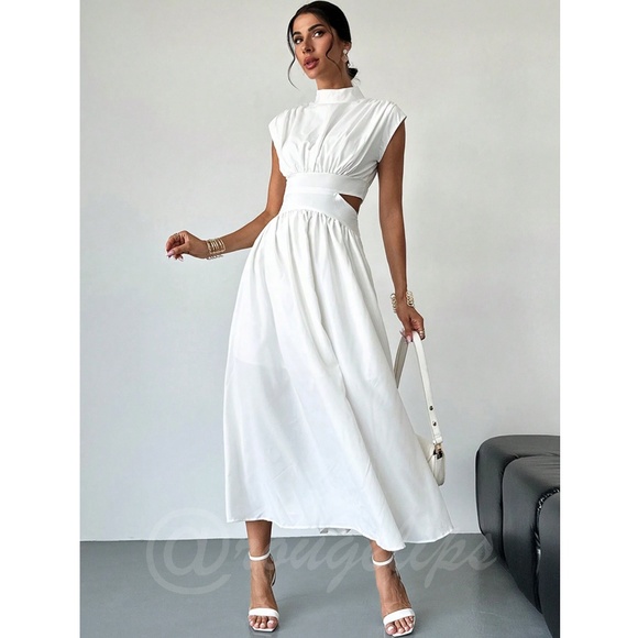 White Long Dress High Neck Cut Out Back Flared Skirt Sleeveless - Picture 7 of 10